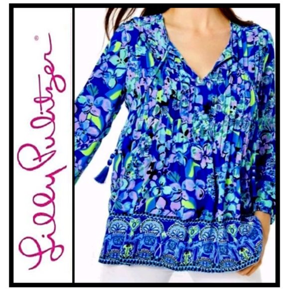 Lilly Pulitzer SIZE MEDIUM Marilina Tunic Tassels Blue Grotto Twilight Tropics - Picture 1 of 5